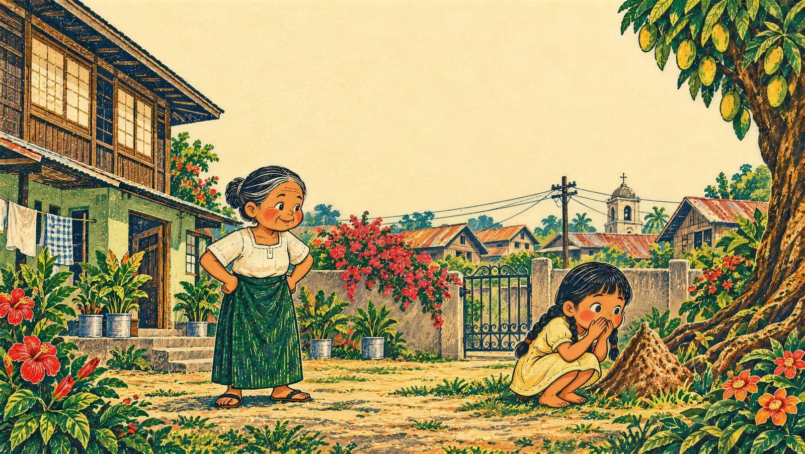 A garden in 1950s Manila: a wooden house, a mango tree and hibiscus, where young Lola in braids whispers to an anthill while her grandmother watches, hands on hips