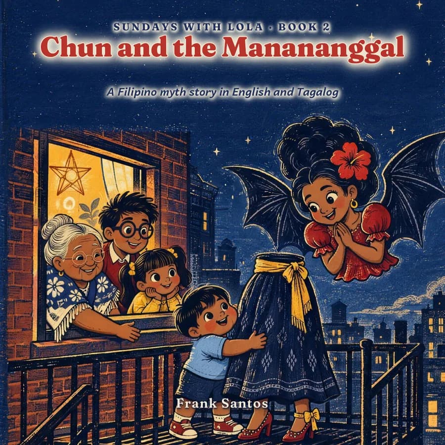 Cover of Chun and the Manananggal: Chun hands a pair of legs in fancy shoes to a smiling flying manananggal, while the family watches from the window