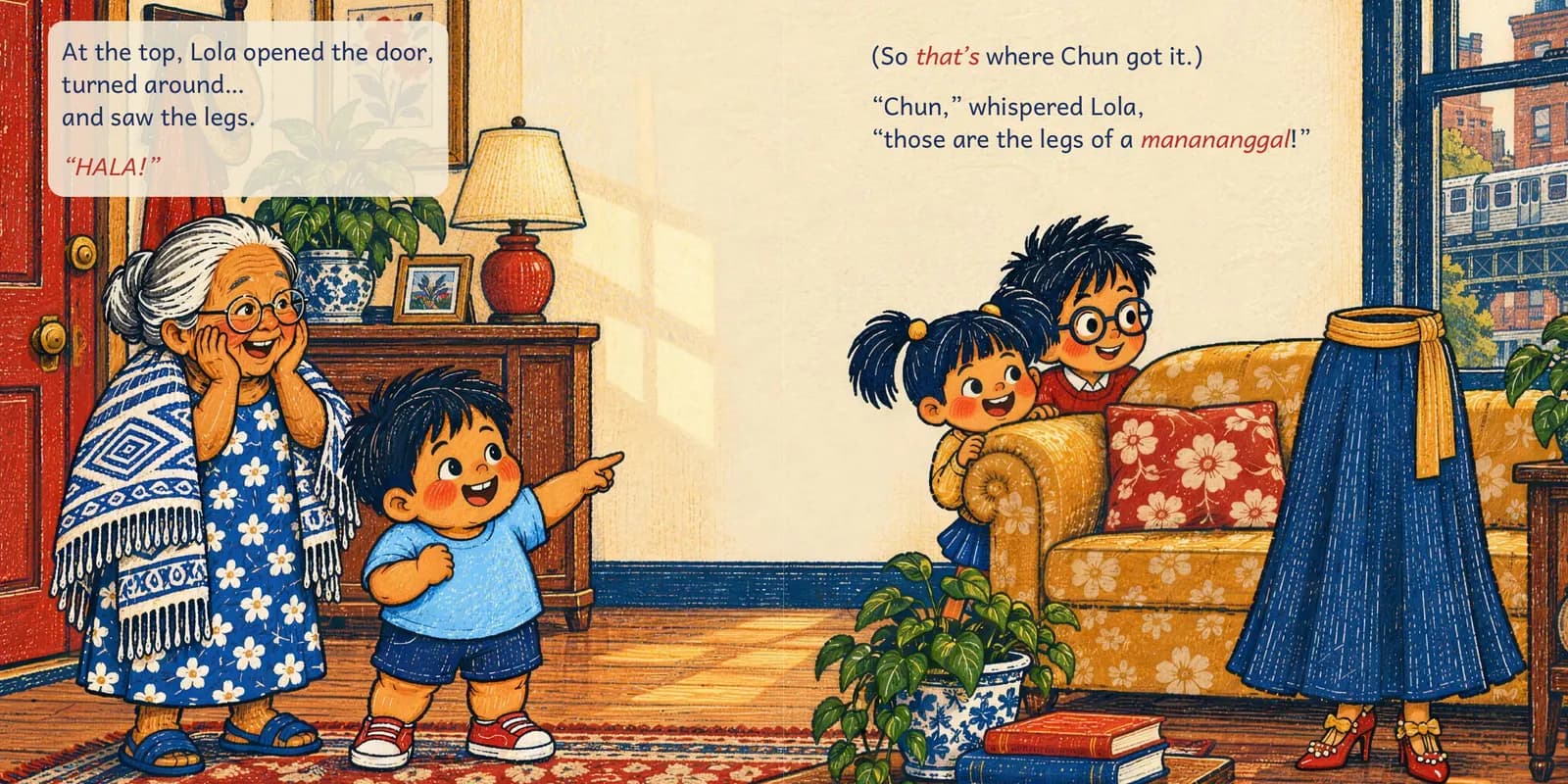 Two pages from Chun and the Manananggal: Lola gasps at a pair of legs in fancy shoes standing in the living room, while Chun points proudly
