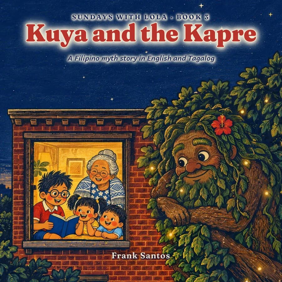 Cover of Kuya and the Kapre: the family reads at a lit window while a gentle tree giant leans in to listen