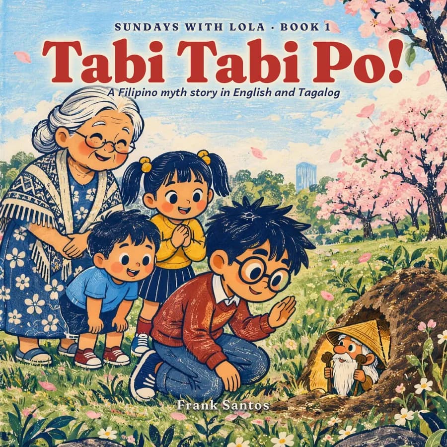 Cover of Tabi Tabi Po!: Lola and the kids kneel by an anthill in a spring park, where a tiny old man peeks out