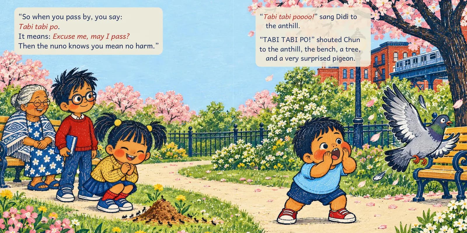 Two pages from Tabi Tabi Po!: Lola teaches the kids to say tabi tabi po to an anthill in the park, while Chun shouts it at a startled pigeon