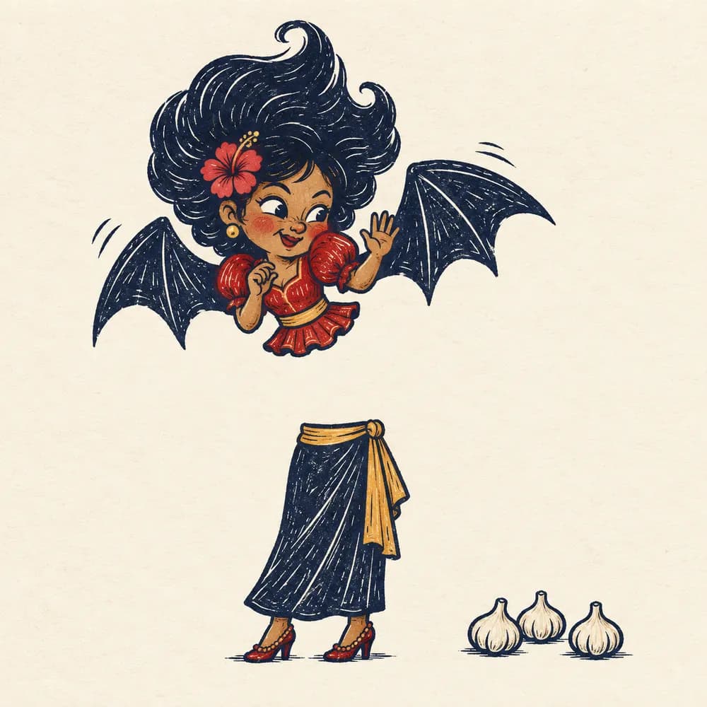 A friendly manananggal with a red hibiscus in her hair, flying on indigo bat wings, in linocut style