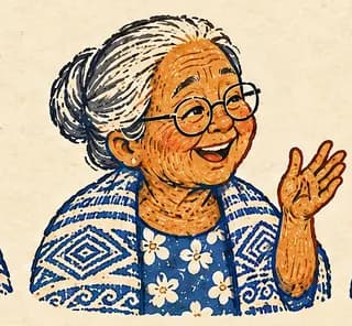 Lola smiling and waving, in her round glasses and blue woven shawl